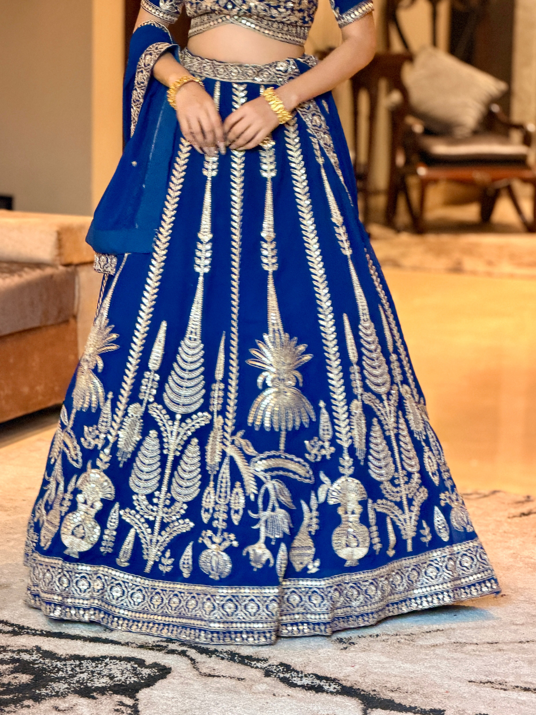 Royal Blue Sequin & Zari Embroidered Botanical Motif Lehenga Choli with Dupatta