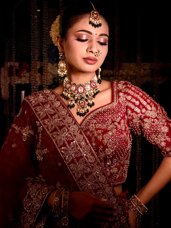 Zardozi Embroidered Bridal Lehenga Choli Set in Maroon Red