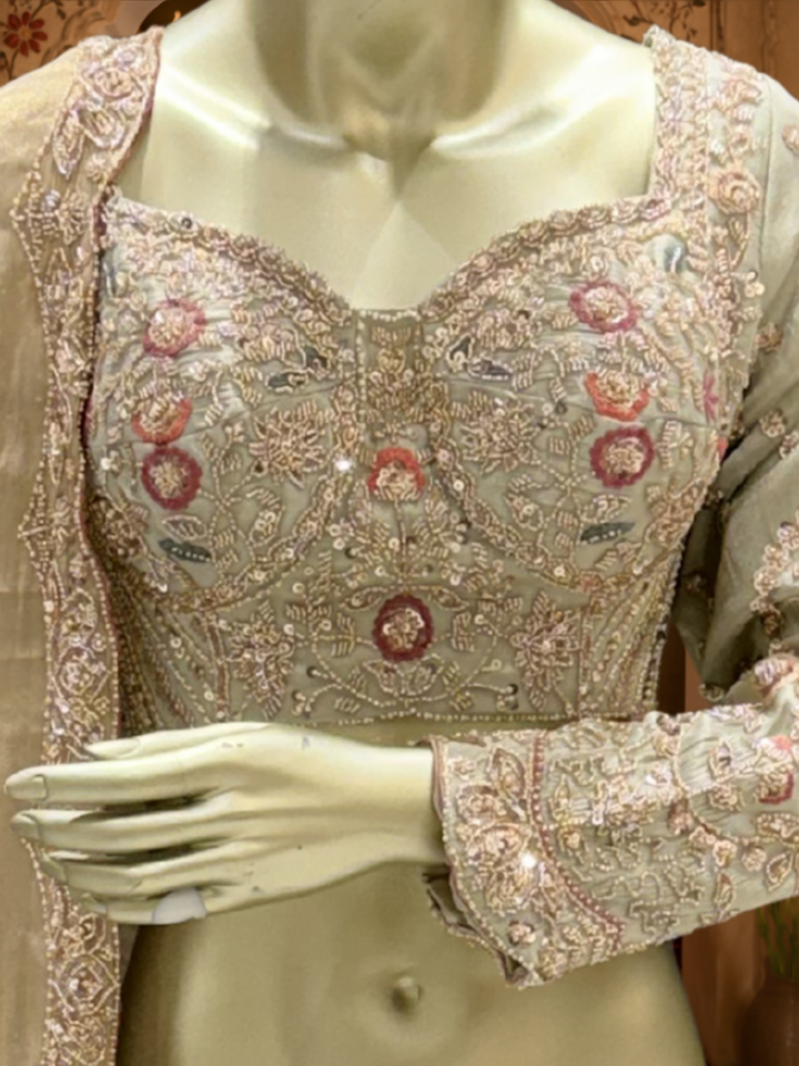 Silk Zari & Meenakari Embroidered Bridal Lehenga Choli with Dupatta in Ivory & Mint