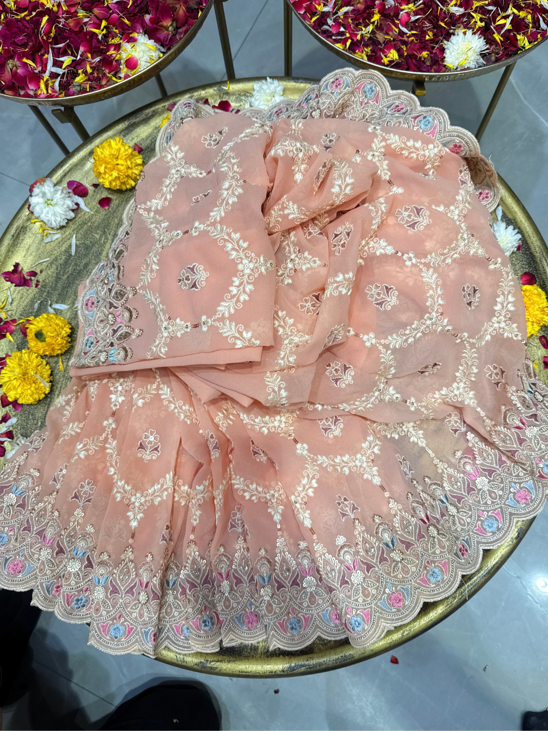 Peach Multicolor Embroidered Trellis Saree with Scalloped Border