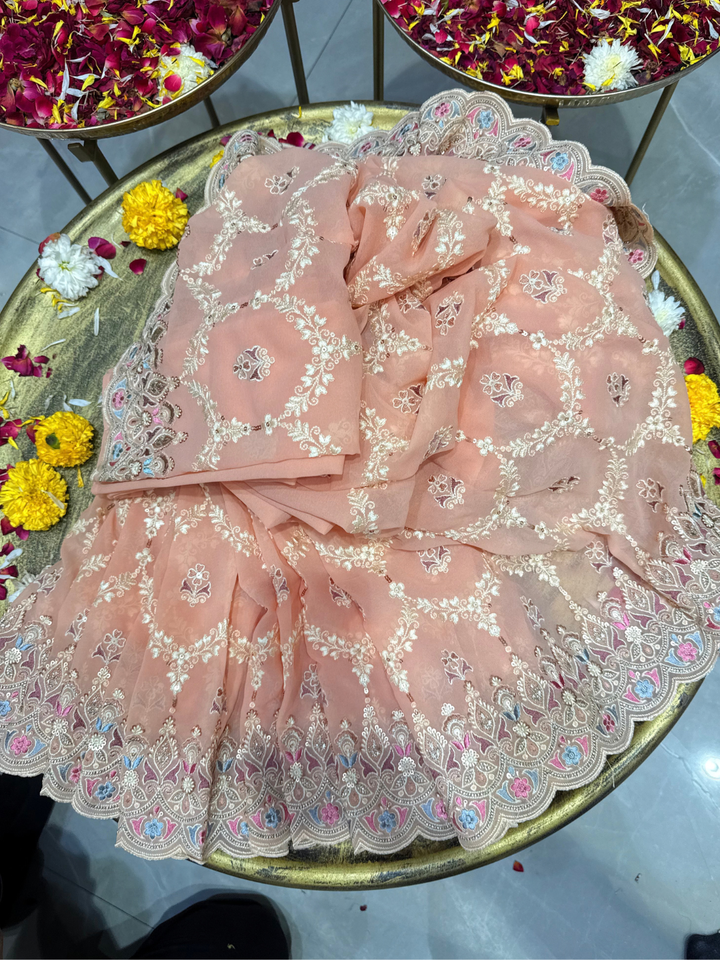 Peach Multicolor Embroidered Trellis Saree with Scalloped Border