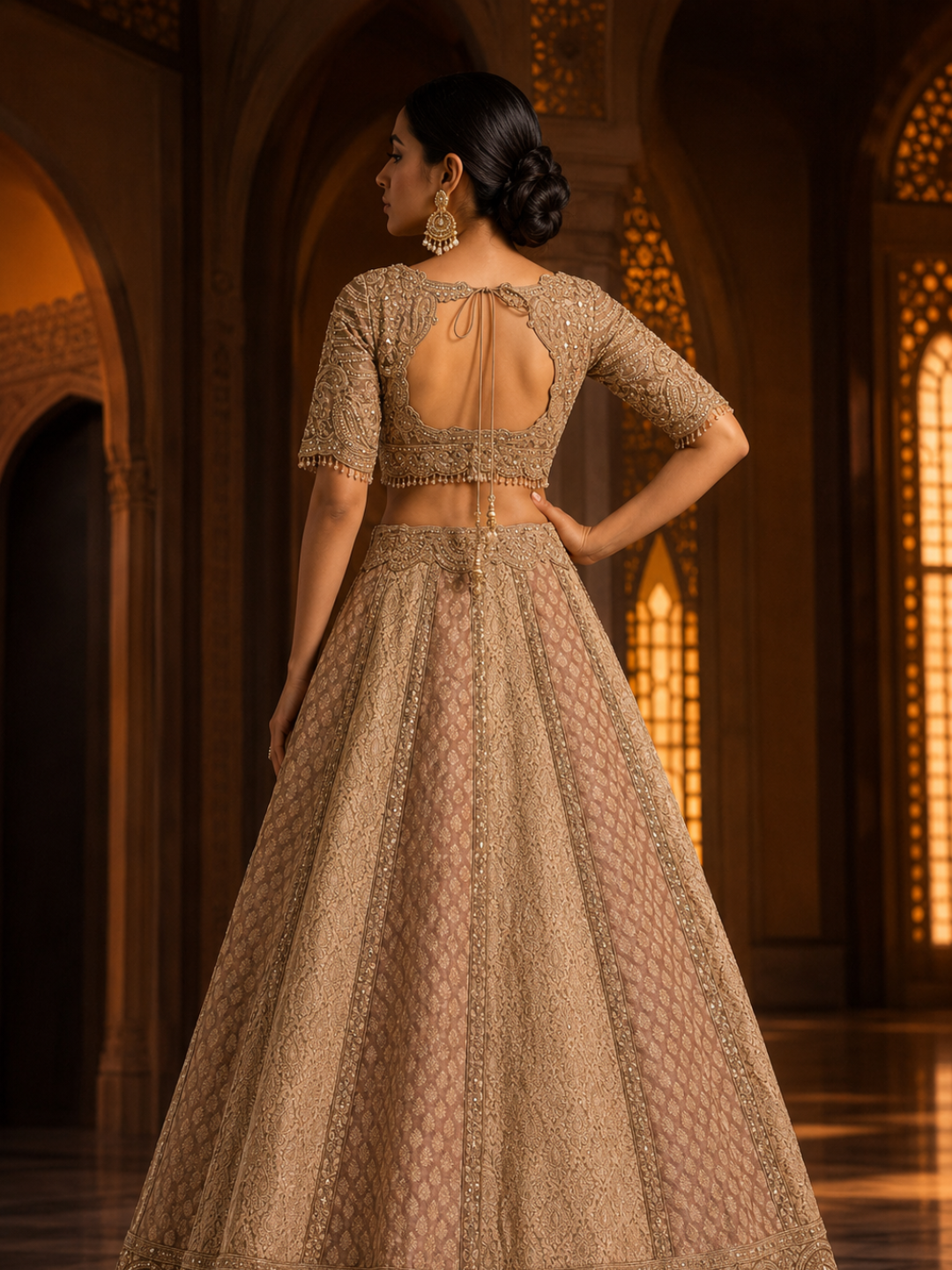 Net Bridal Lehenga Choli with Heavy Zari, Cutdana & Stone Embroidery with Scalloped Dupatta