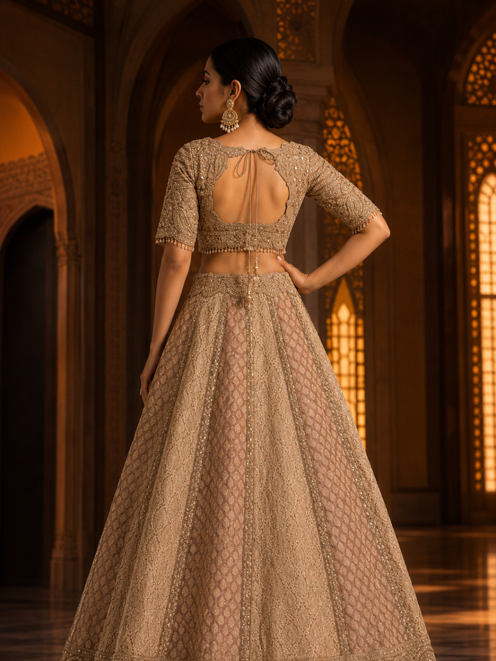 Net Bridal Lehenga Choli with Heavy Zari, Cutdana & Stone Embroidery with Scalloped Dupatta