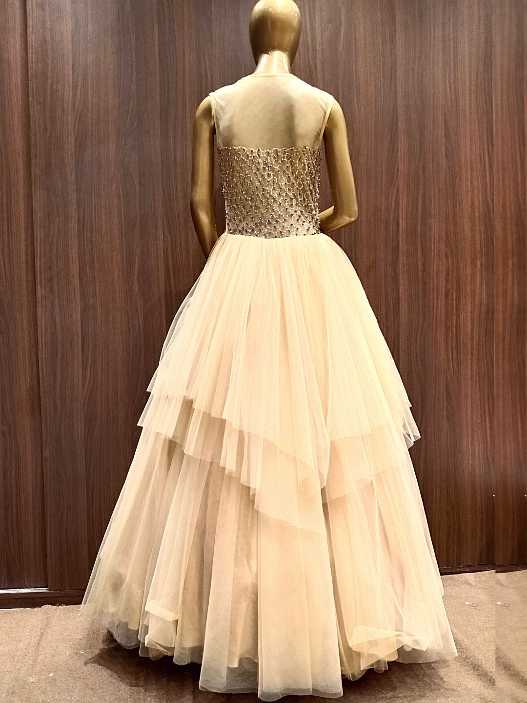 Pastel Rose Gold Flared Gown With Pearl And Sequence Embroidery