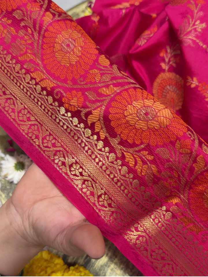 Banarasi Silk Saree with Zari Floral Circular Motifs and Tassel Border