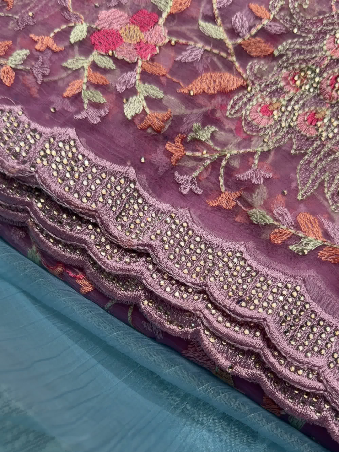 Peacock Floral Embroidered Net Saree in Mauve Wine