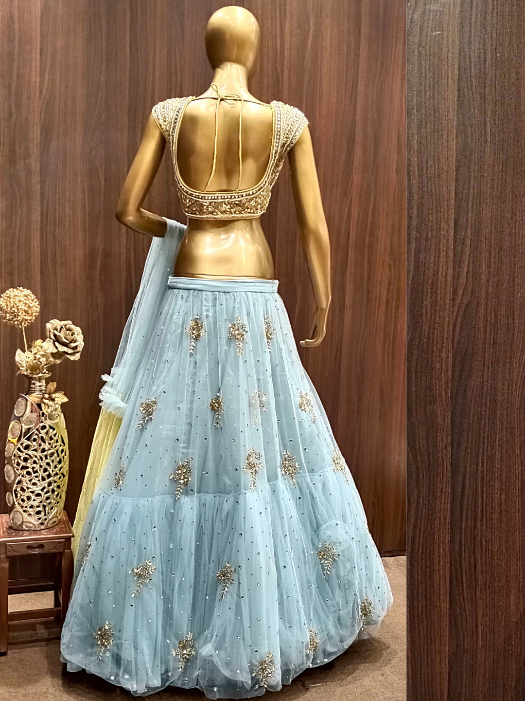 Ruffled Mirror Work Lehenga Set With Hand Pearl Embroidery Blouse