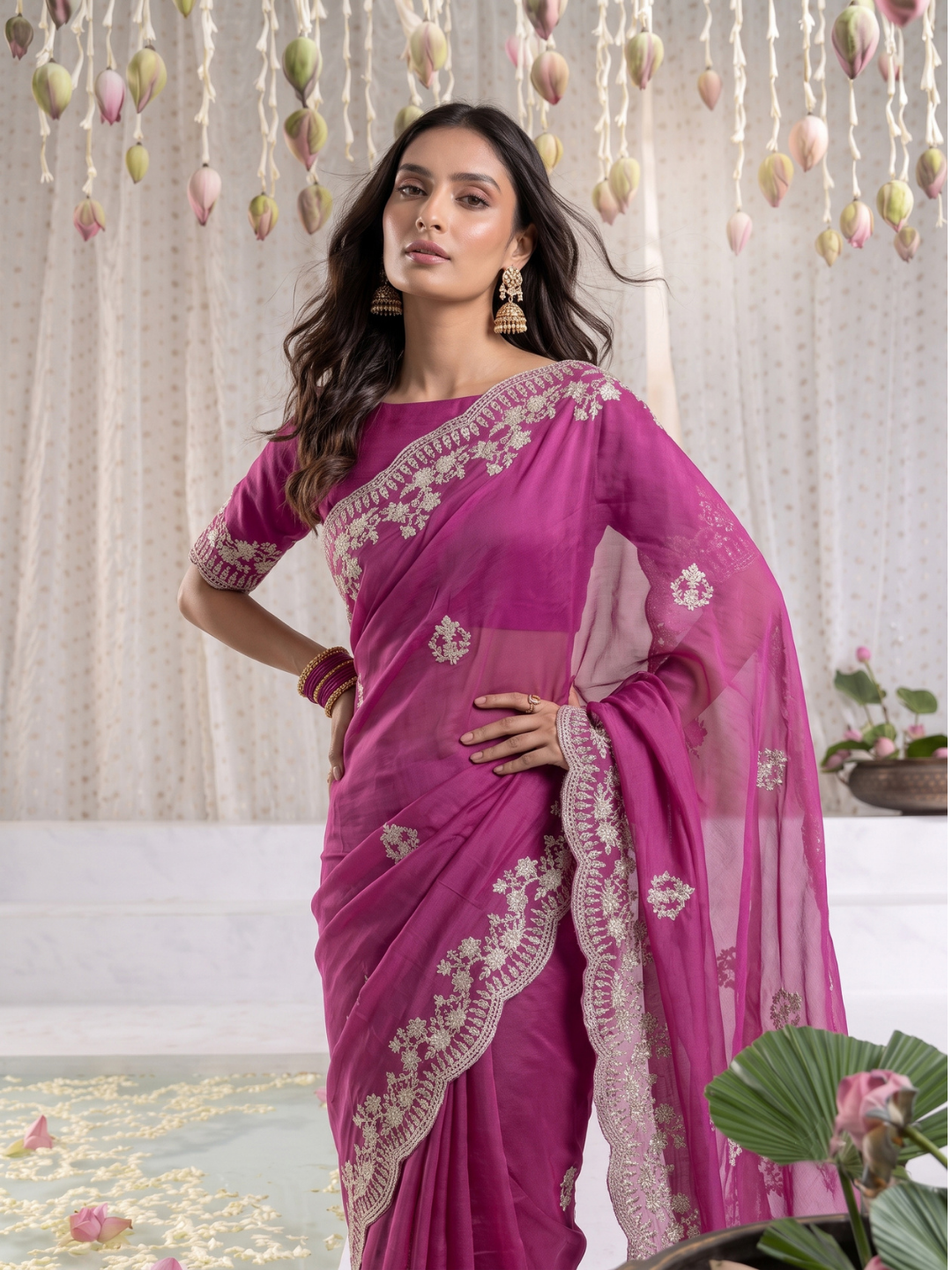 Organza Saree with Silver Zari Floral Butta Embroidery & Scalloped Cutwork Border