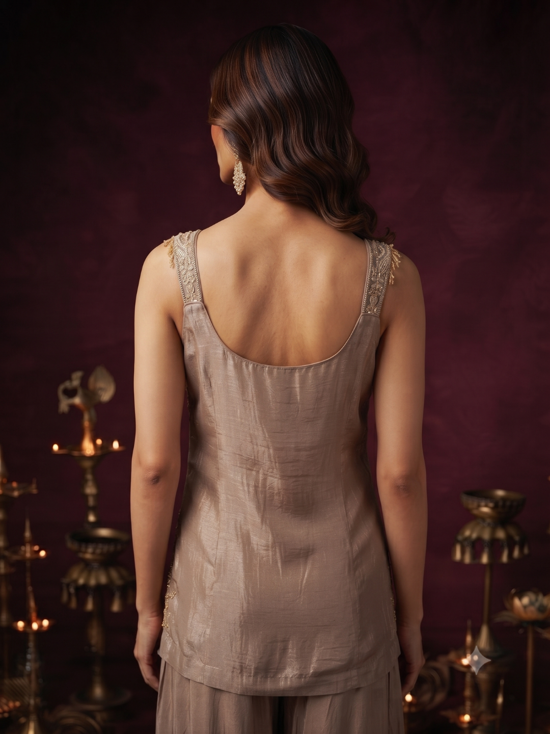 Sleeveless Embellished Waistcoat Blouse with Palazzo Set in Taupe Grey