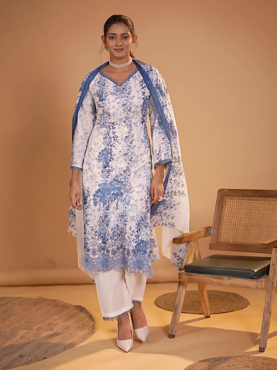 Cotton Floral Printed & Embroidered Unstitched Suit Dupatta in White & Steel Blue