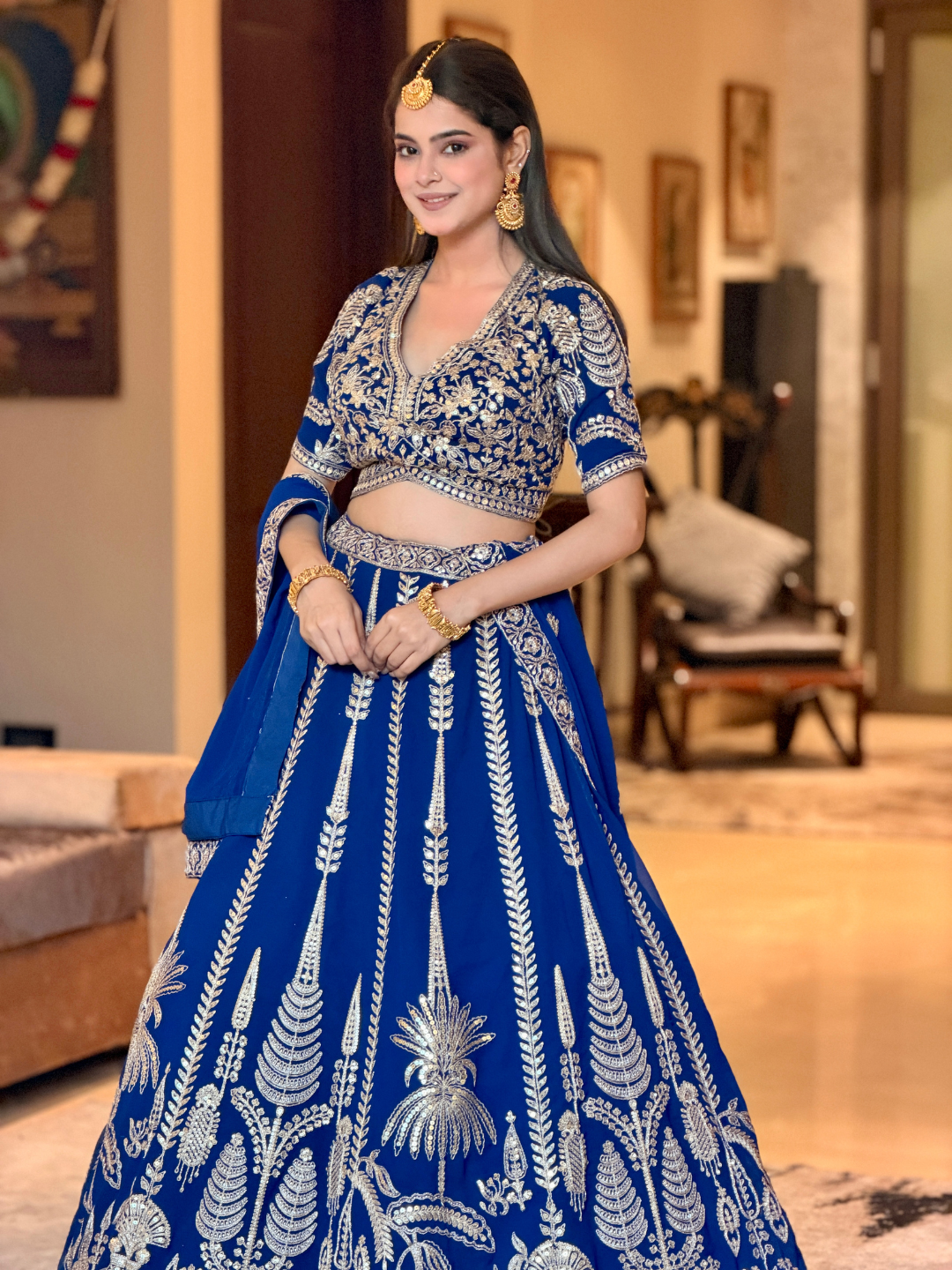 Royal Blue Sequin & Zari Embroidered Botanical Motif Lehenga Choli with Dupatta