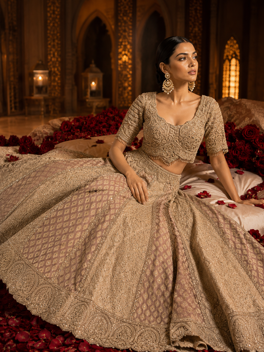 Net Bridal Lehenga Choli with Heavy Zari, Cutdana & Stone Embroidery with Scalloped Dupatta