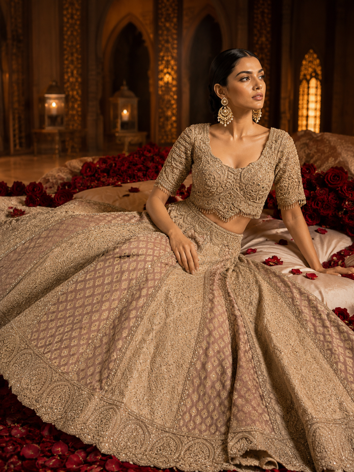 Net Bridal Lehenga Choli with Heavy Zari, Cutdana & Stone Embroidery with Scalloped Dupatta