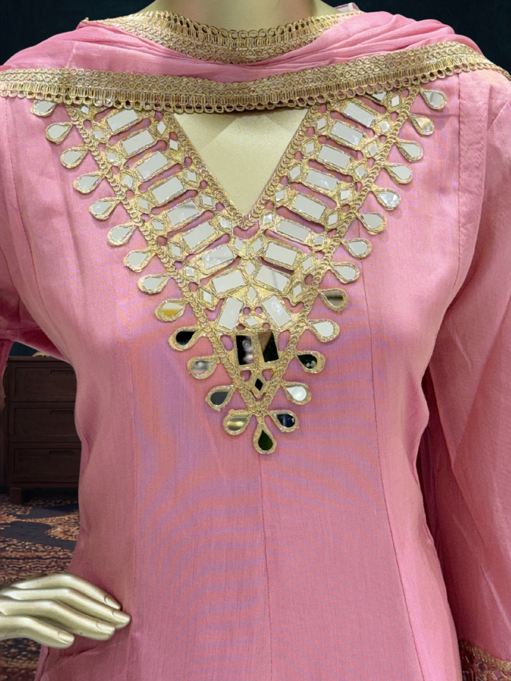 Mirror Work Silk Kurta with Sharara and Dupatta with Geometric Mirror Pattern