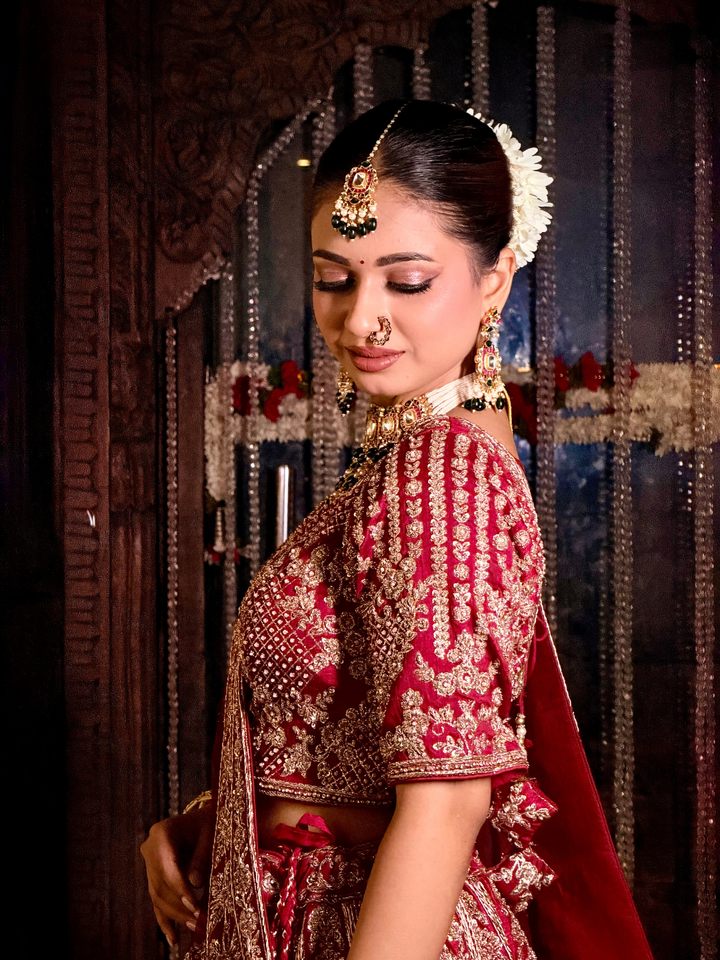 Zardozi Embroidered Bridal Lehenga Choli Set in Maroon Red