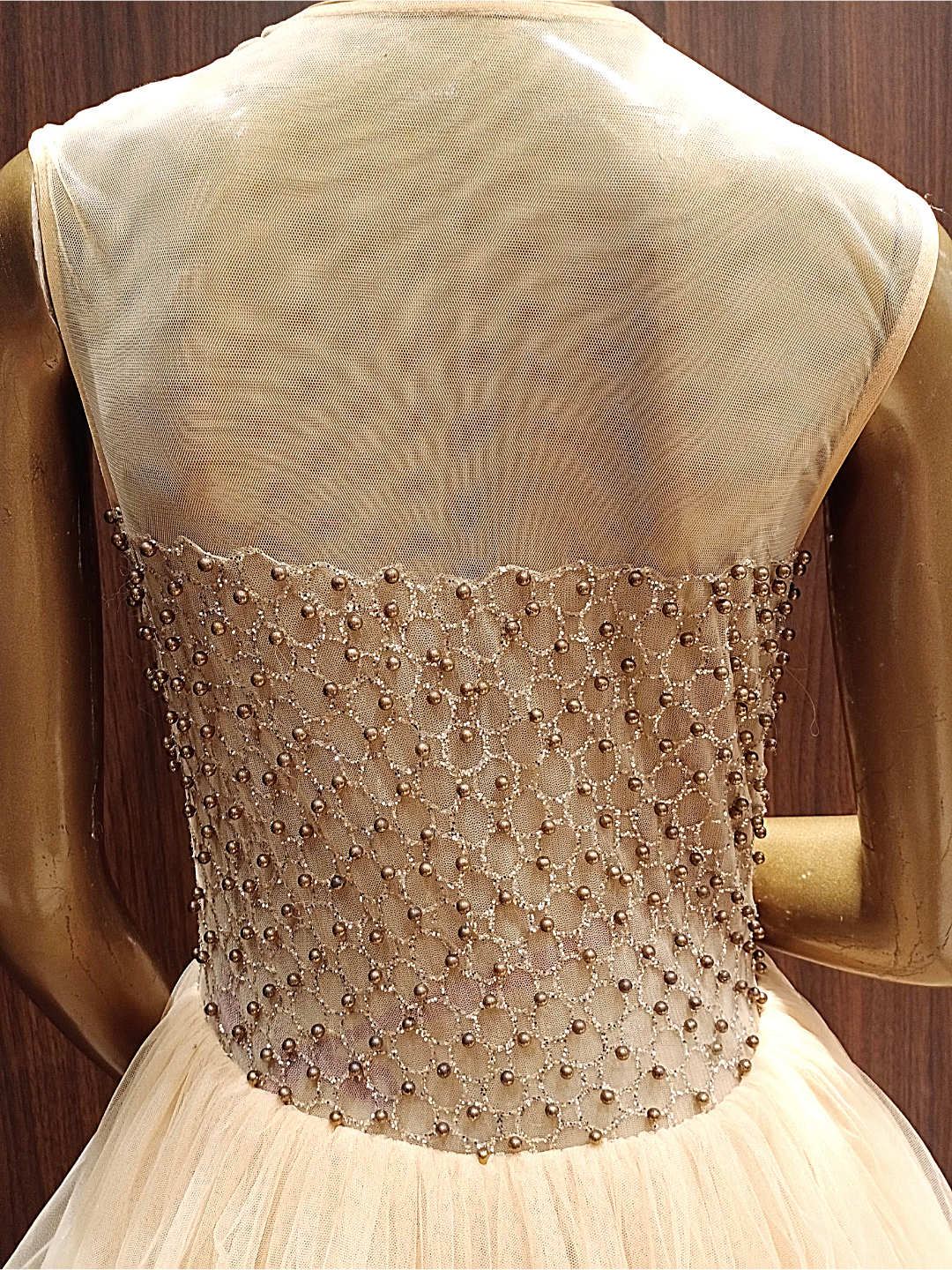 Pastel Rose Gold Flared Gown With Pearl And Sequence Embroidery