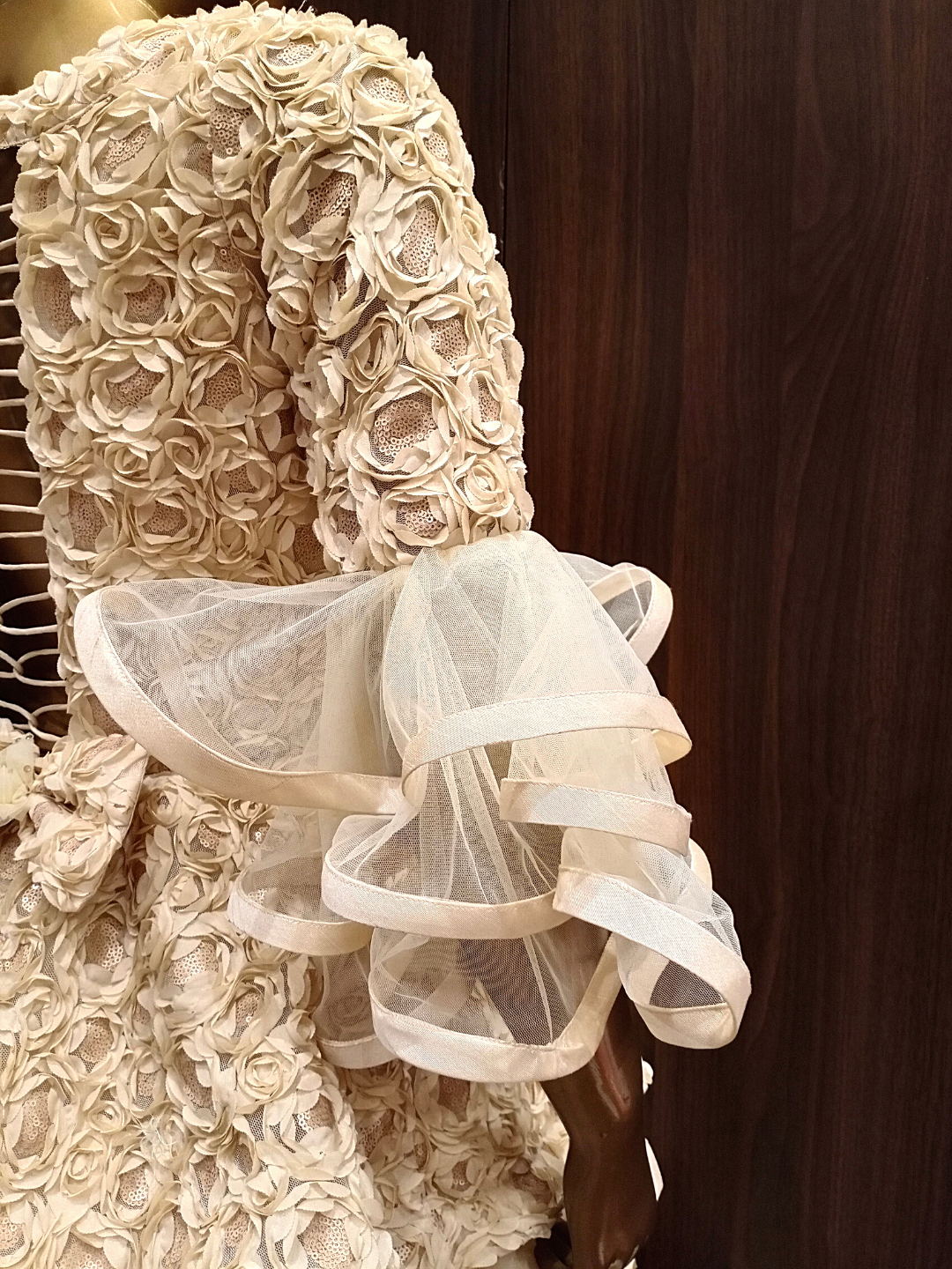 Gold Flared Net Gown with Ribbon Embroidery & Ruffles And Layering