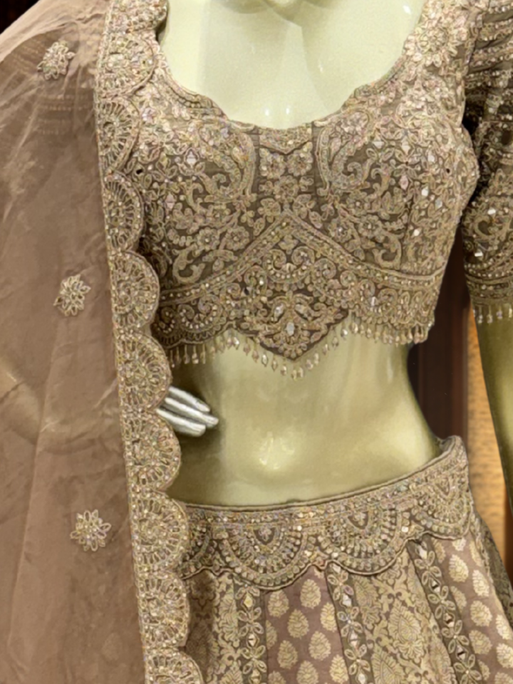 Net Bridal Lehenga Choli with Heavy Zari, Cutdana & Stone Embroidery with Scalloped Dupatta