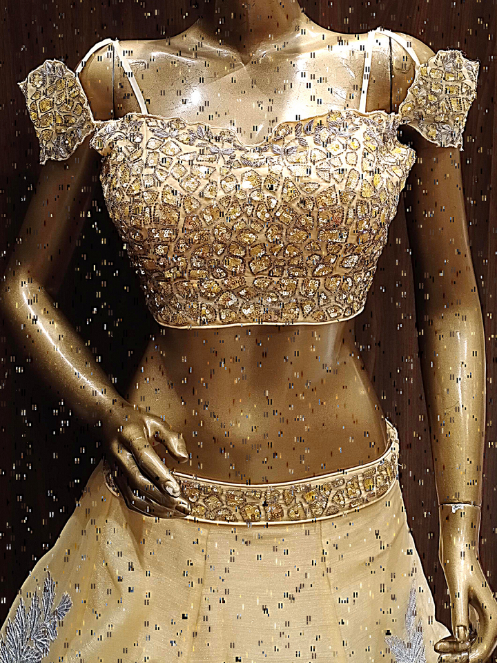 Contemporary Cocktail Lehenga Set with Gotta Patti Kundan Embroidery & Ruffled Dupatta