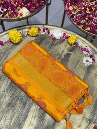 Marigold Orange Banarasi Silk Saree with Zari Floral Circular Motifs and Tassel Border