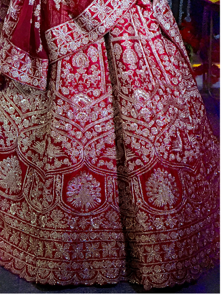 Zardozi Embroidered Bridal Lehenga Choli Set in Maroon Red