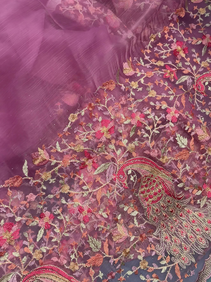 Peacock Floral Embroidered Net Saree in Mauve Wine