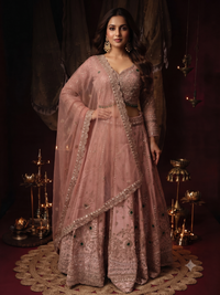 Sequin & Stone Embellished Blouse with Lehenga Set in Dusty Pink