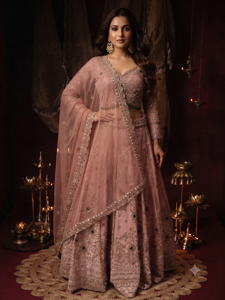 Sequin & Stone Embellished Blouse with Lehenga Set in Dusty Pink