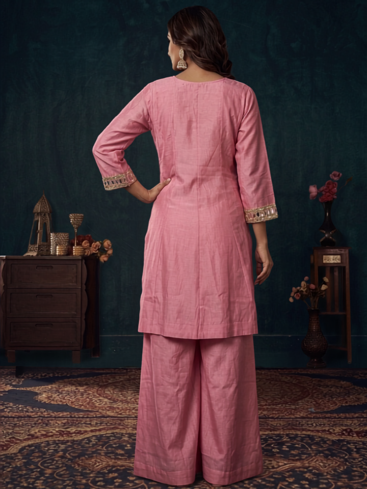 Mirror Work Silk Kurta with Sharara and Dupatta with Geometric Mirror Pattern
