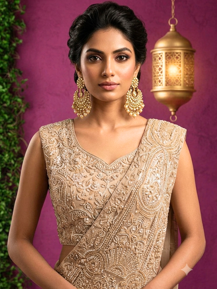 Georgette Sequin & Zari Embroidered Pre-Draped Saree Gown in Beige