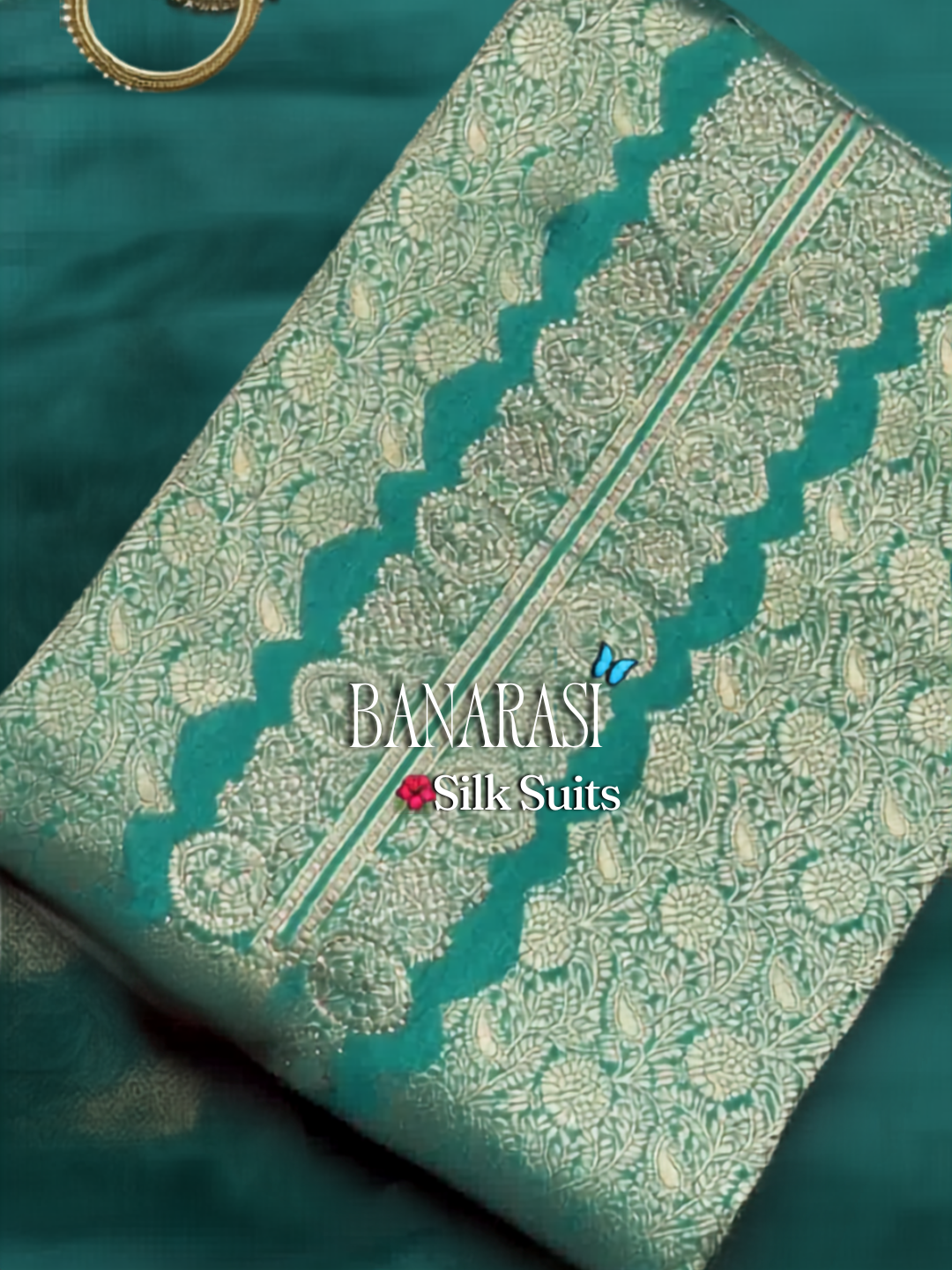 Teal Banarasi Silk Dress Material with Zari Woven Border and Dupatta