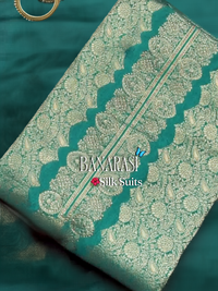 Teal Banarasi Silk Dress Material with Zari Woven Border and Dupatta