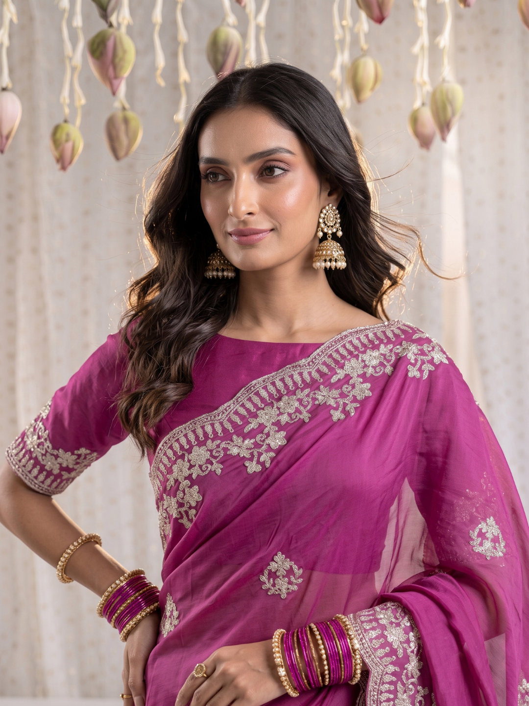 Organza Saree with Silver Zari Floral Butta Embroidery & Scalloped Cutwork Border