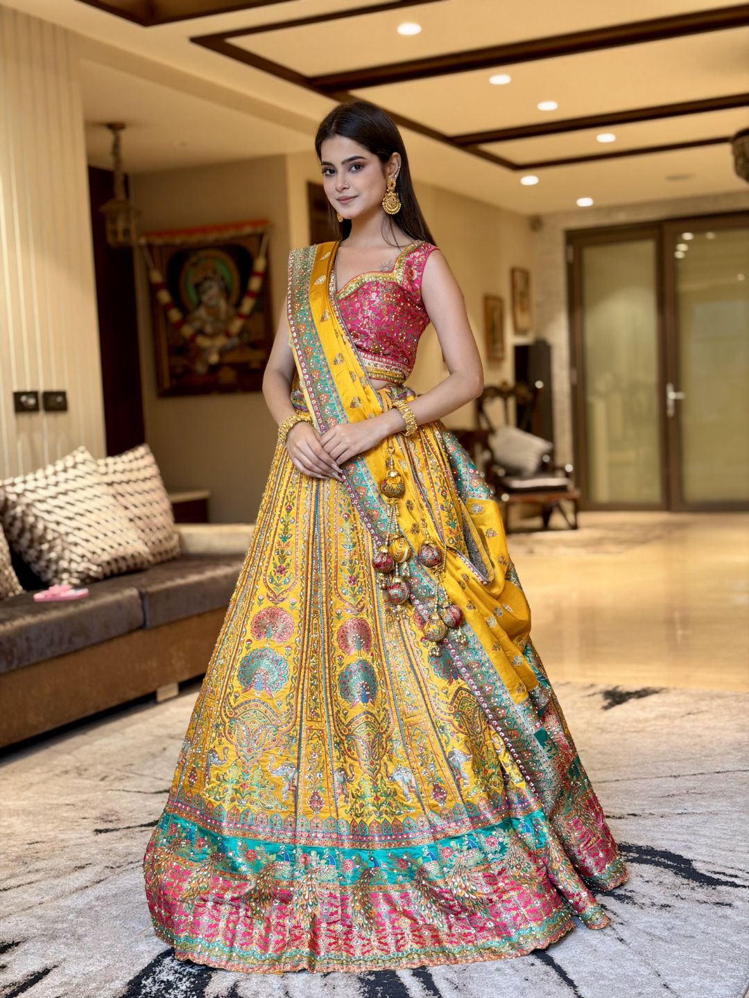 Banarasi Silk Meenakari Woven Lehenga Choli with Dupatta in Mustard & Pink