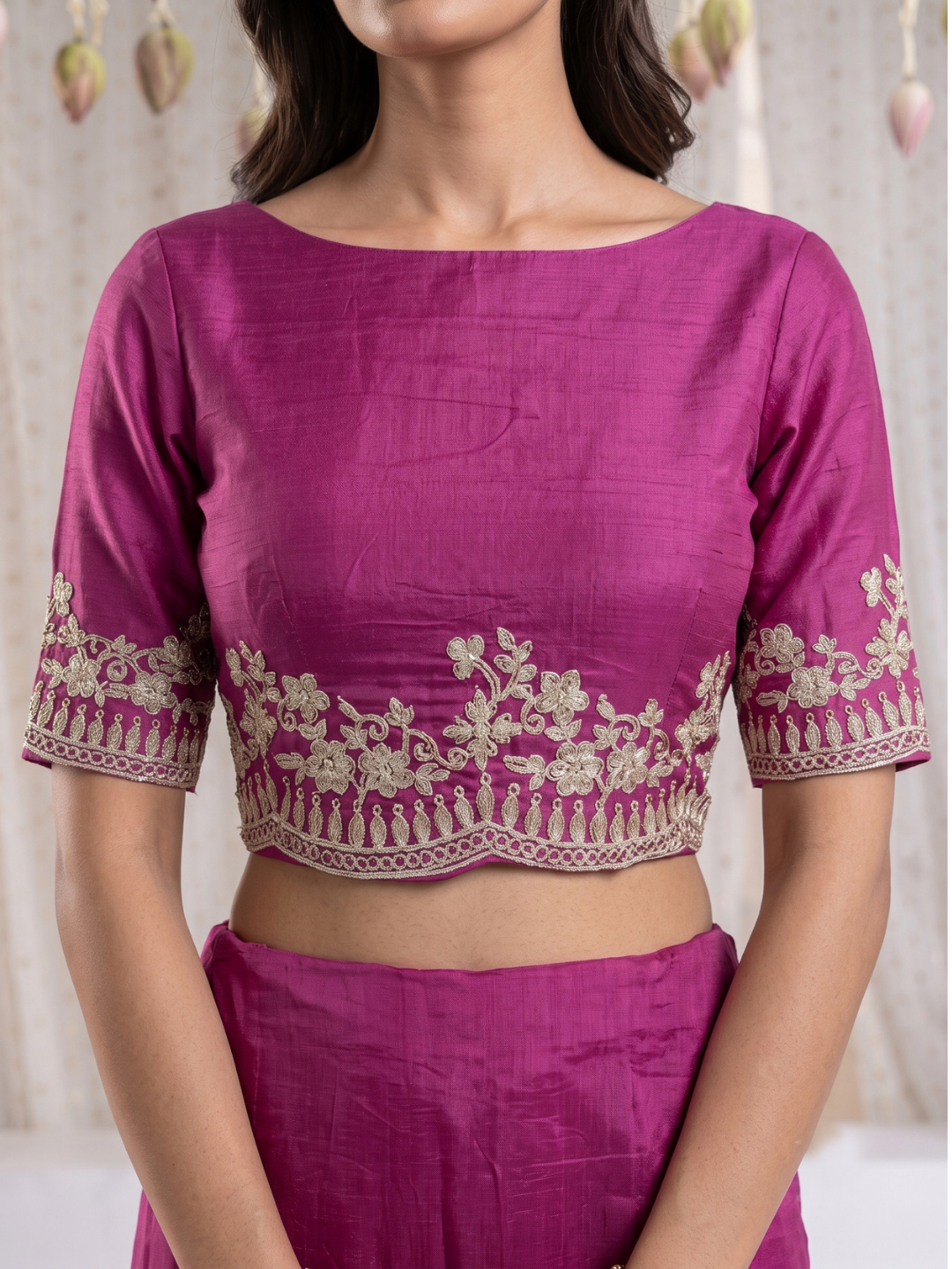 Organza Saree with Silver Zari Floral Butta Embroidery & Scalloped Cutwork Border