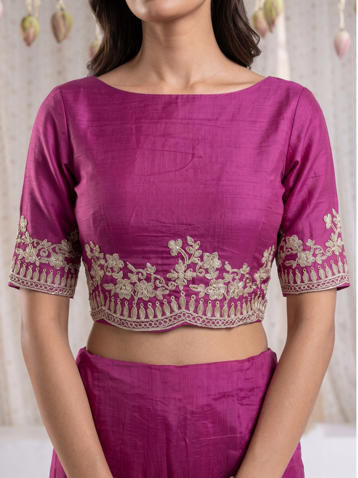 Organza Saree with Silver Zari Floral Butta Embroidery & Scalloped Cutwork Border
