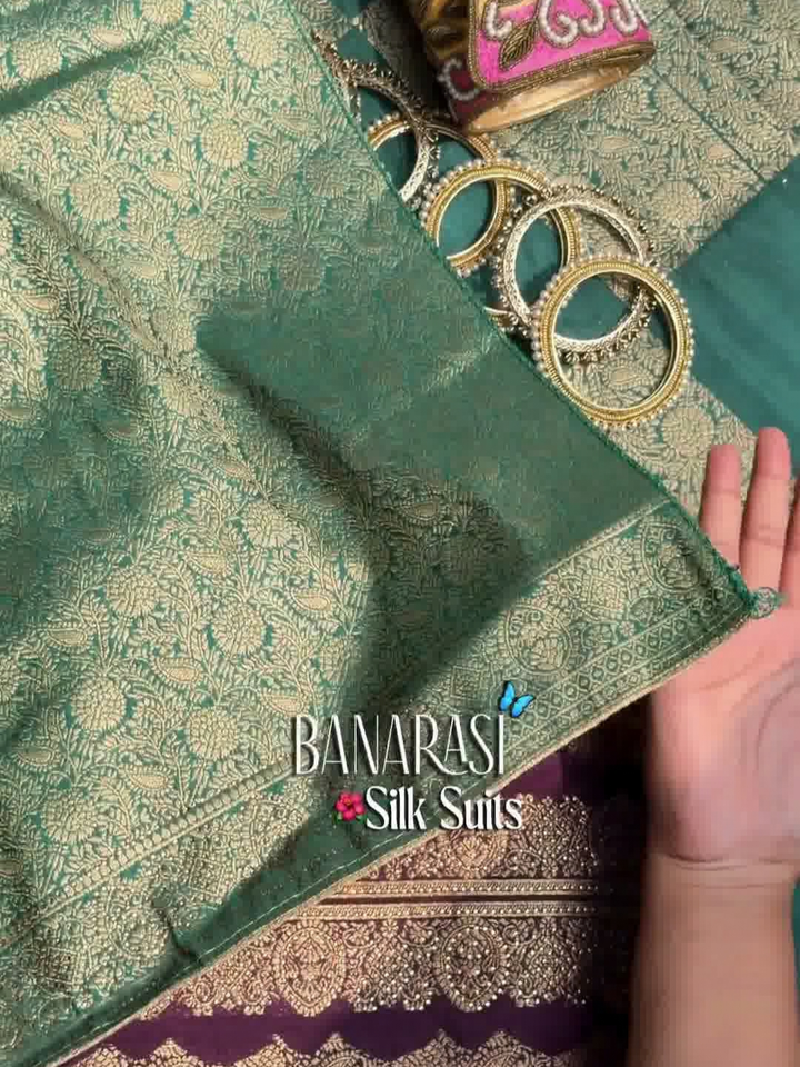 Teal Banarasi Silk Dress Material with Zari Woven Border and Dupatta
