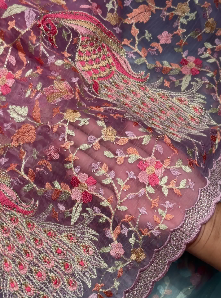 Peacock Floral Embroidered Net Saree in Mauve Wine