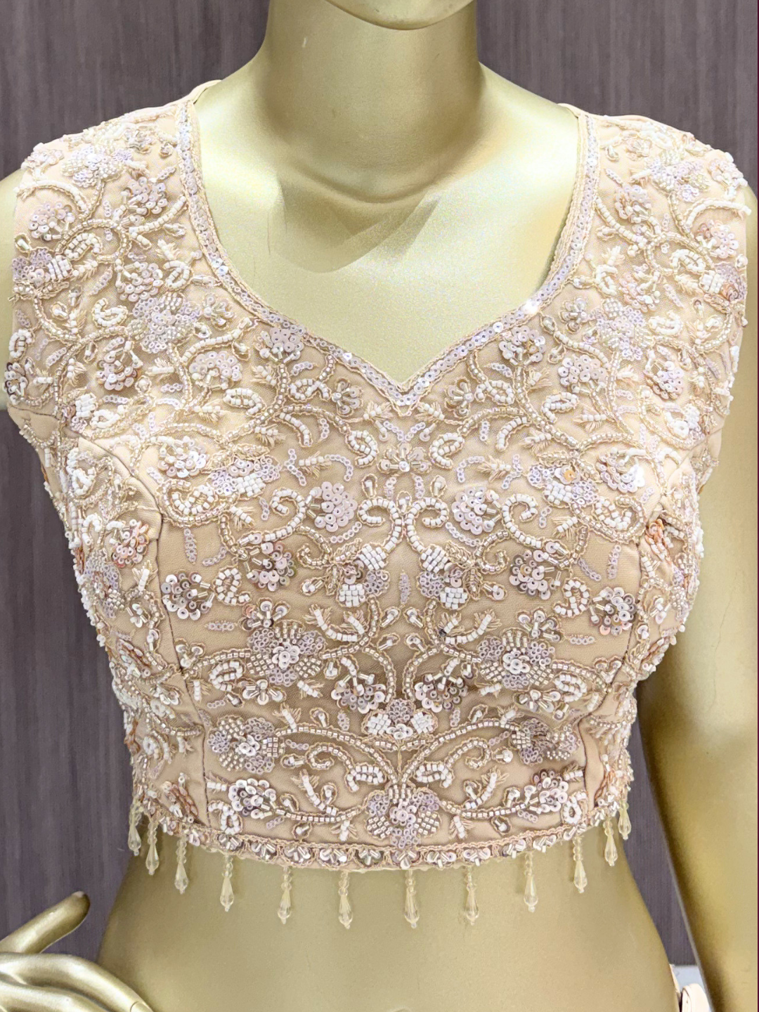 Georgette Sequin & Zari Embroidered Pre-Draped Saree Gown in Beige