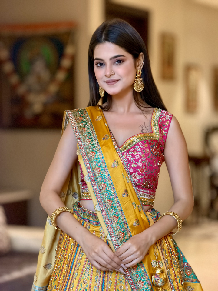 Banarasi Silk Meenakari Woven Lehenga Choli with Dupatta in Mustard & Pink
