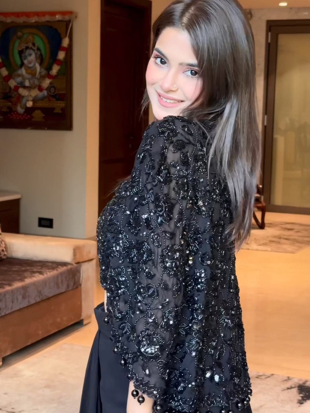Heavy Sequin Embroidered Crop Top with Dhoti and Sequin Lace Jacket in Black