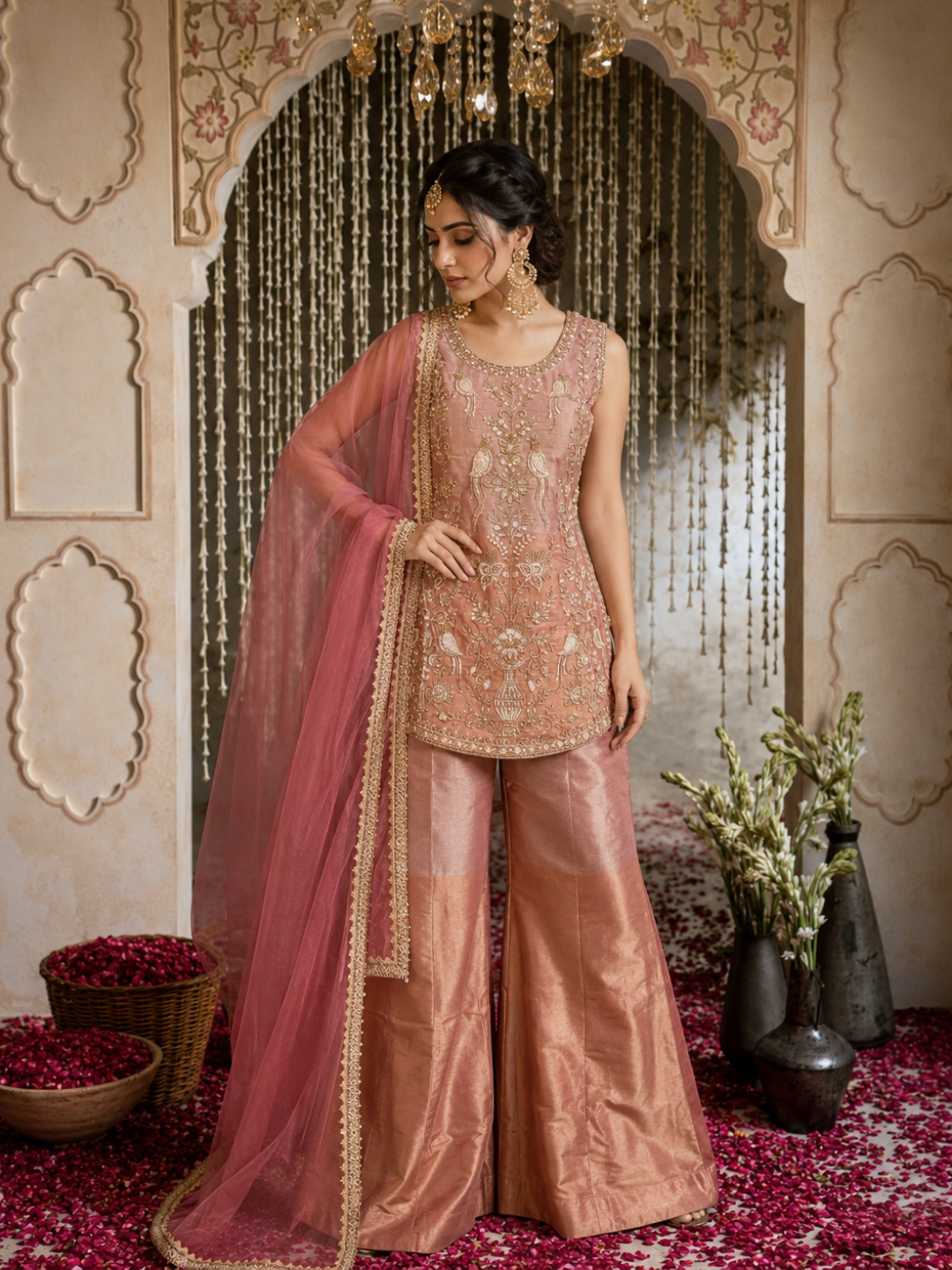 Organza Silk Zari & Bead Embroidered Sharara Set with Dupatta in Rose Pink