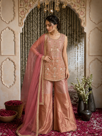 Organza Silk Zari & Bead Embroidered Sharara Set with Dupatta in Rose Pink