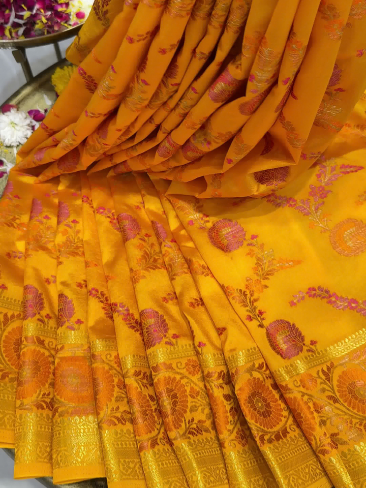 Marigold Orange Banarasi Silk Saree with Zari Floral Circular Motifs and Tassel Border