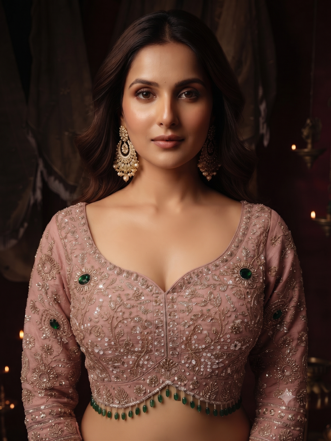 Sequin & Stone Embellished Blouse with Lehenga Set in Dusty Pink
