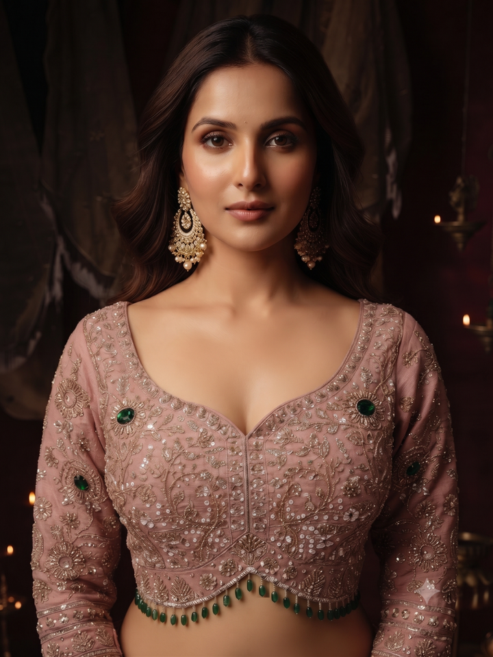 Sequin & Stone Embellished Blouse with Lehenga Set in Dusty Pink