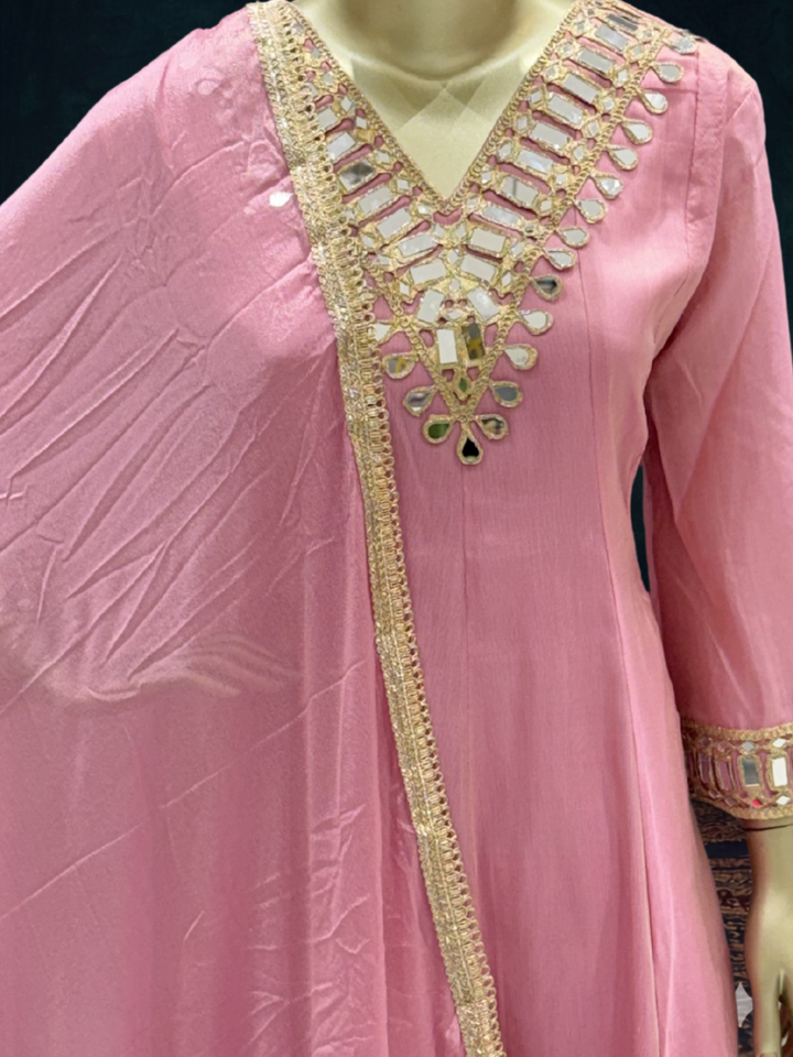 Mirror Work Silk Kurta with Sharara and Dupatta with Geometric Mirror Pattern
