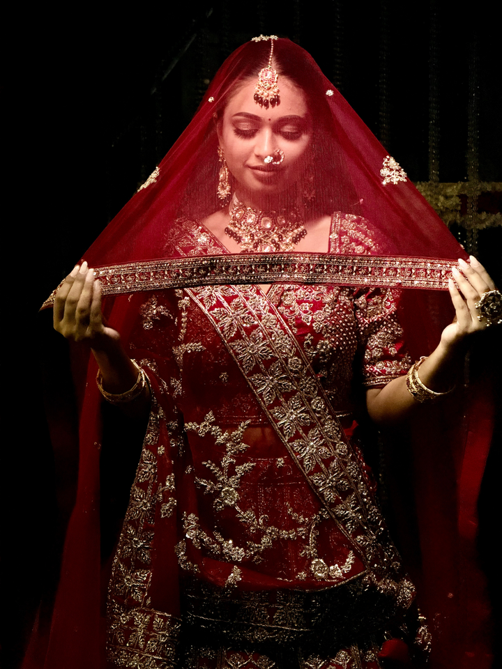 Zardozi Embroidered Bridal Lehenga Choli Set in Maroon Red