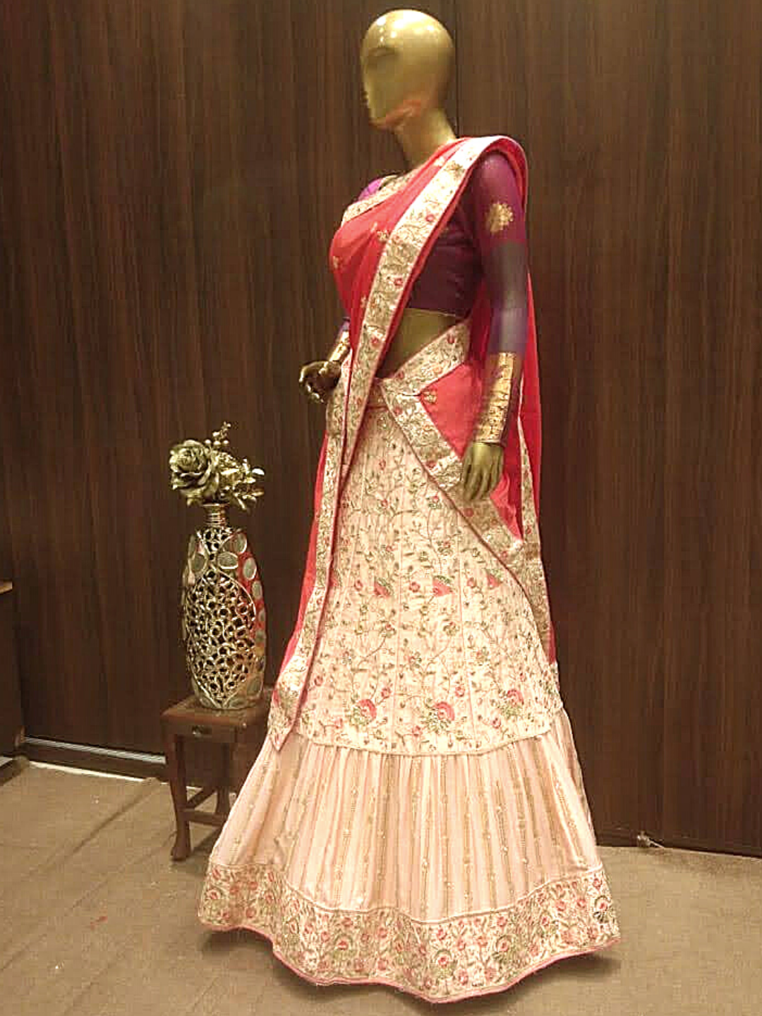 Rose Gold Semi-Stitched Lehenga Set with Contrast Dupatta With Floral Resham Embroidery
