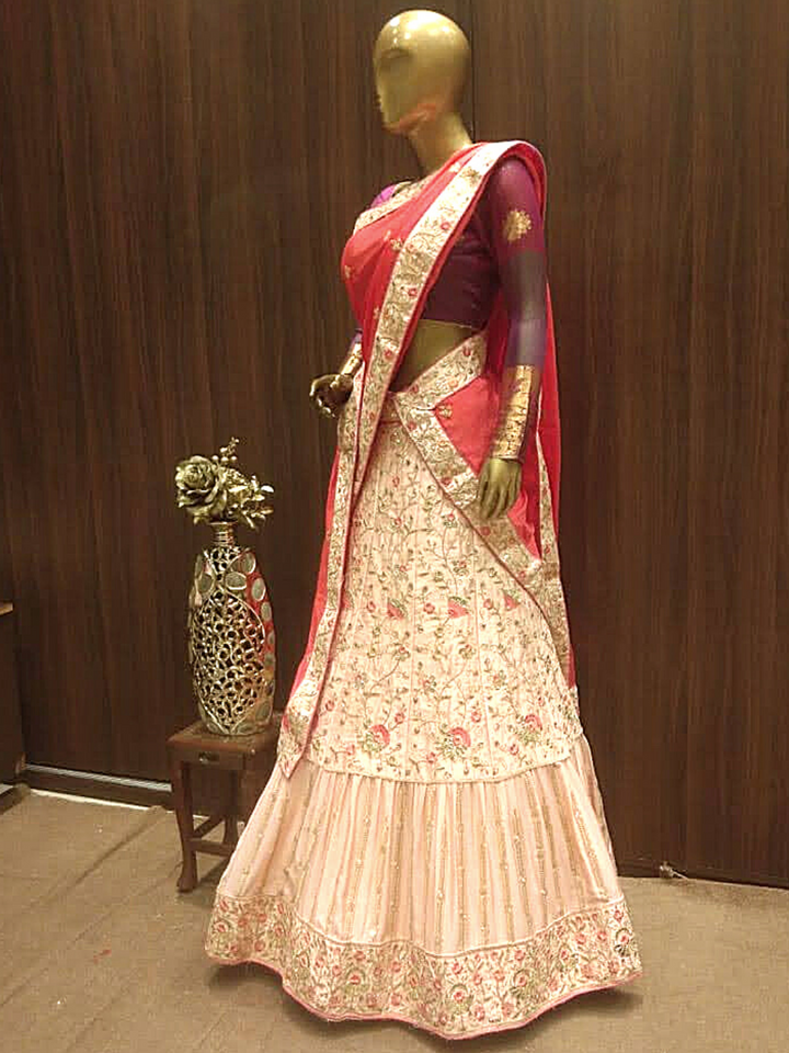 Rose Gold Semi-Stitched Lehenga Set with Contrast Dupatta With Floral Resham Embroidery